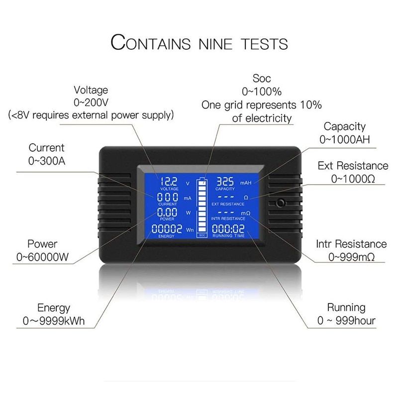 Multifunction Battery Monitor Meter,0-200V,0-300A (Widely Applied To 12V/24V/48V RV/Car Battery) LCD Display Digital Current Vol
