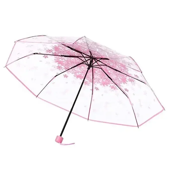 Korean Umbrella Folding Cute Korean Mini Fresh Simple Sen Series Trifold Cherry Blossom Transparent Japanese Umbrella: Pink