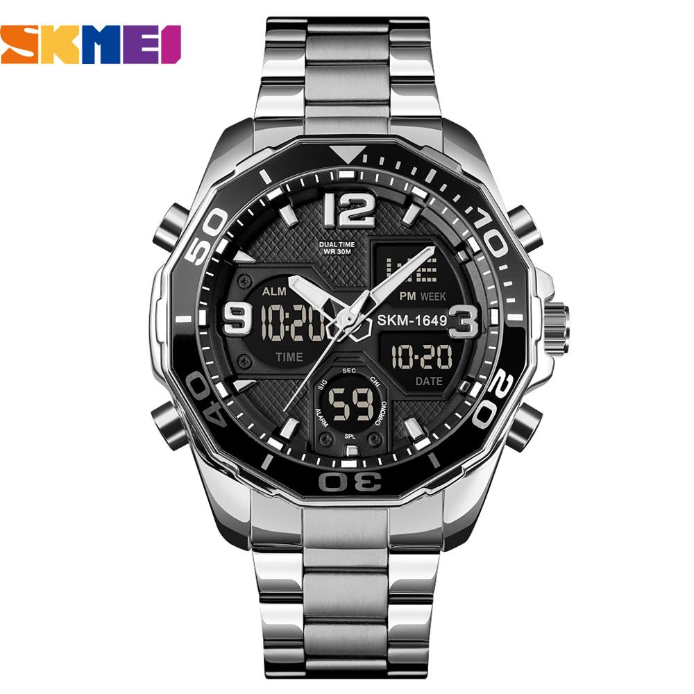 Digital stopur skmei top brand led display armbåndsure rustfrit stål afslappet kronograf vækkeur relogio 1649: Sølv