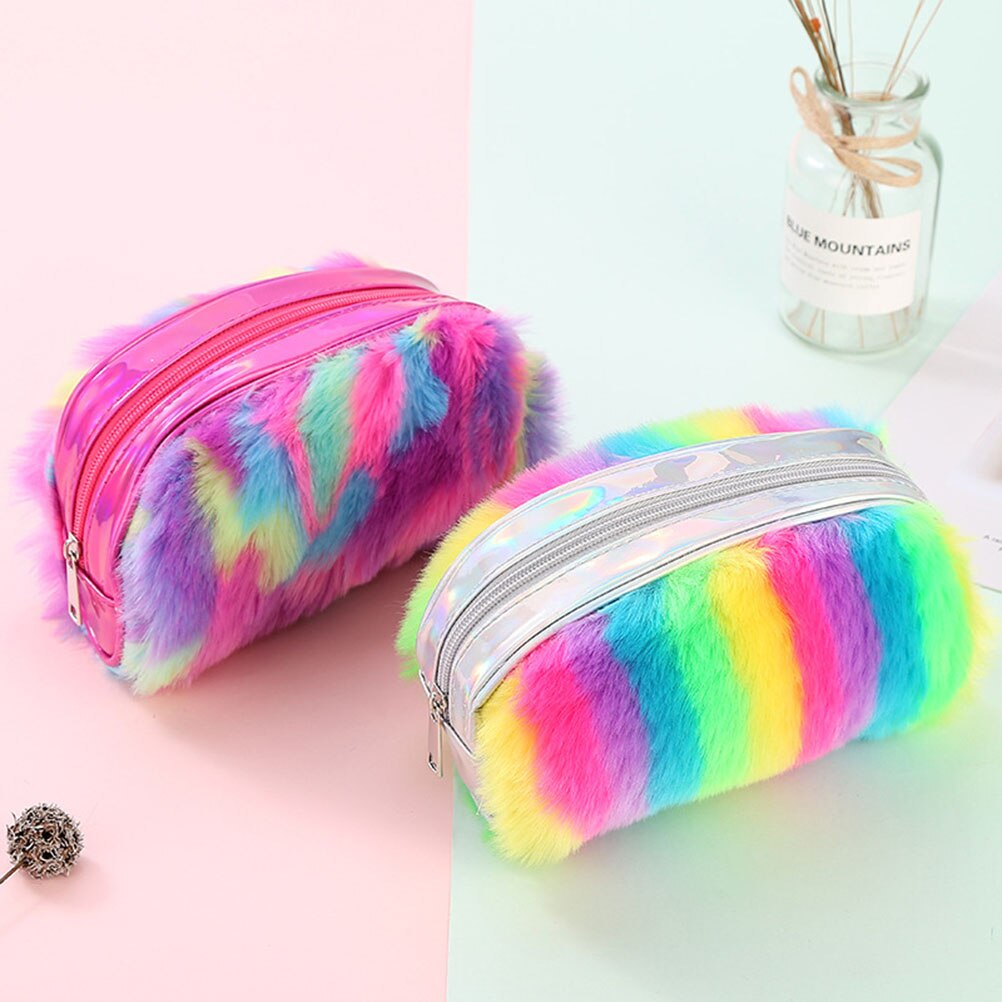 2022 astuccio portamatite piccolo da donna simpatico astuccio portamatite di grande capacità materiale scolastico borse a mano portamonete da donna in peluche arcobaleno