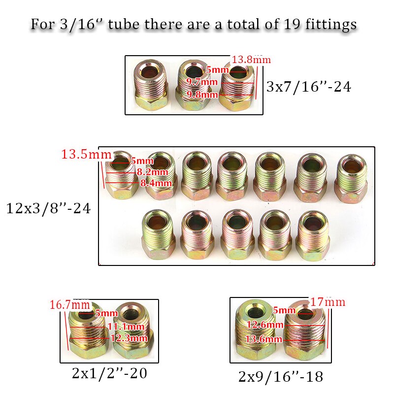35pcs Car Brake Line Tubing Tube Fitting Kit Nuts Iron Plating Zinc For Inverted Flare 3/16'' OD 1/4" OD Auto Replacement Parts