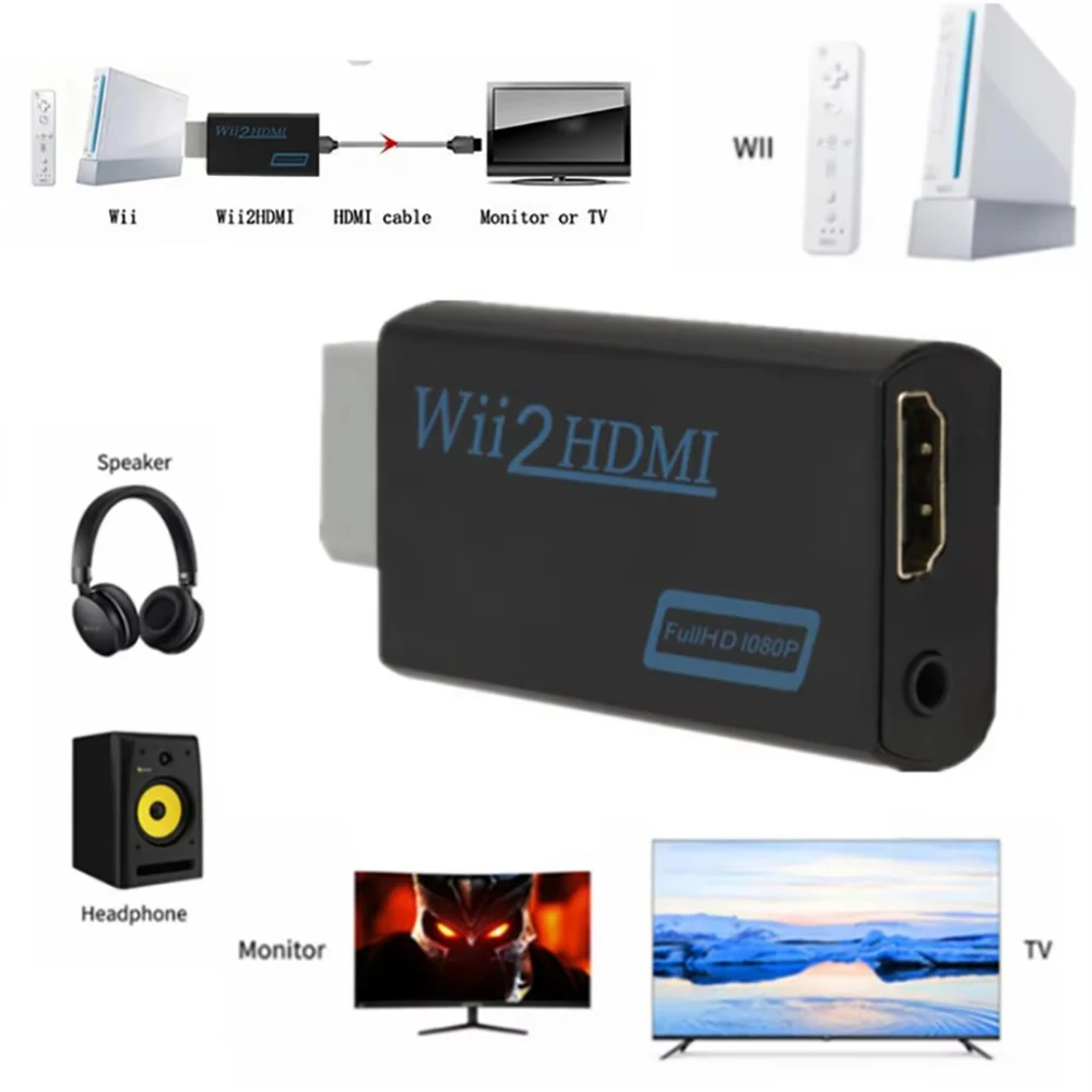 Wii 2 hdmi-konverteradapter 1080p full hd plug & play med 3.5mm ljudutgångar för hdtv pc-skärm display 720p- klar