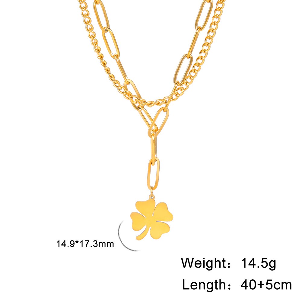 Skyrim-kleeblatt-anhänger-halskette für damen, edelstahl-büroklammer-doppelketten-halskette, schmuck zum muttertag: Klee-gold