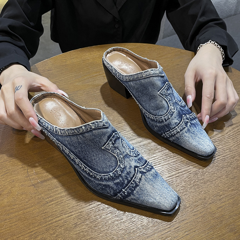 LazySeal-Zapatillas de tela vaquera con tacón cuadrado para mujer, zapatos informales, puntiagudas, sin cordones, para otoño