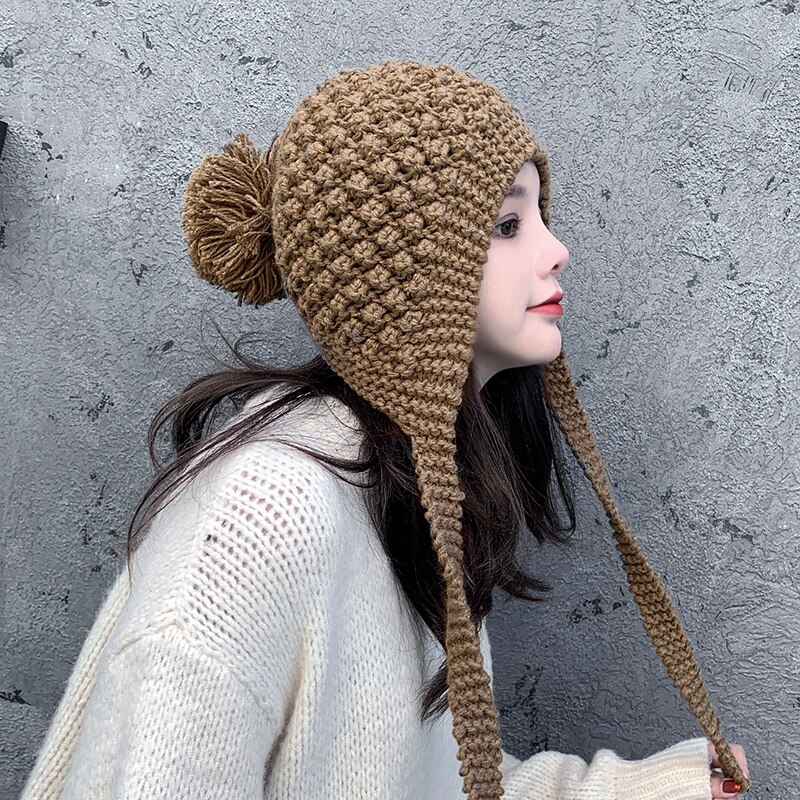 Ushanka-gorro de algodón tejido a mano para mujer, gorros gruesos y cálidos con Protector de orejas, para otoño e invierno,