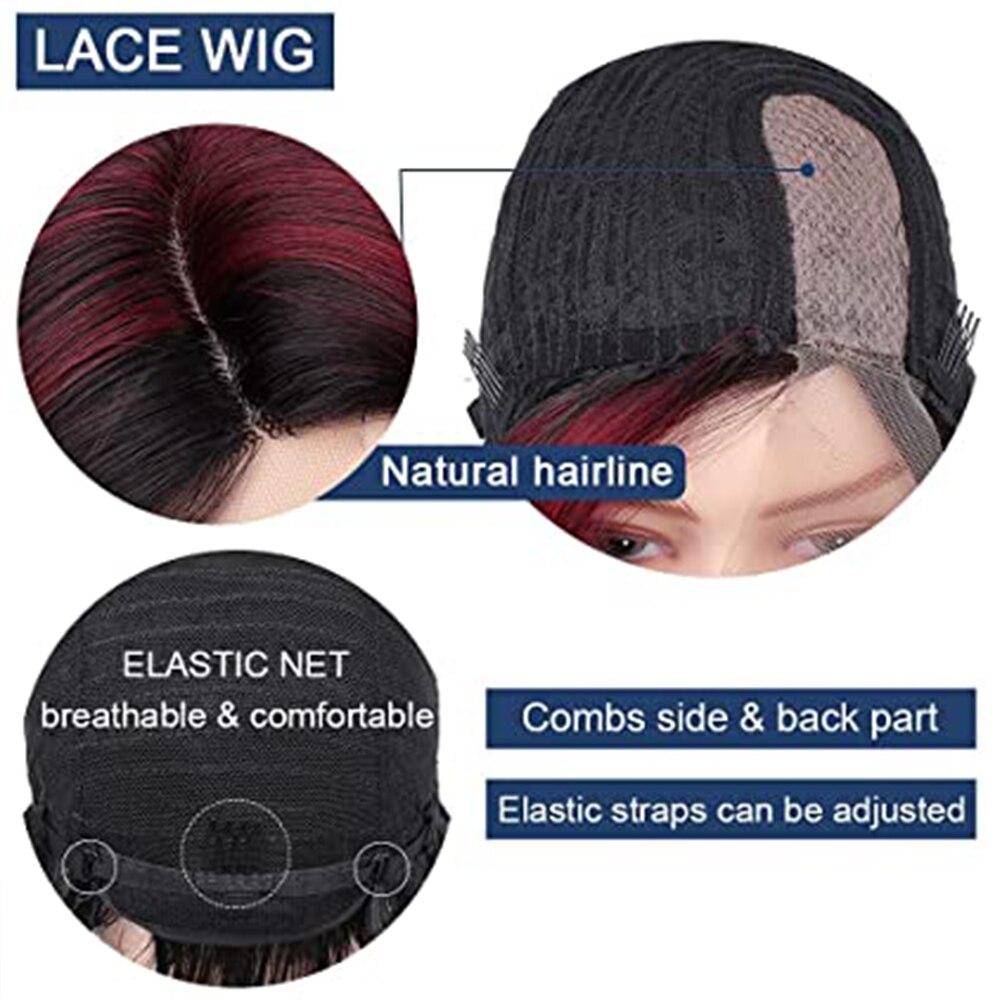 Transparent Lace Wig Red Short Bob Straight Natural Hair Synthetic Wigs Side Part PrePlucked Bleached Knots Drag Queen For Women