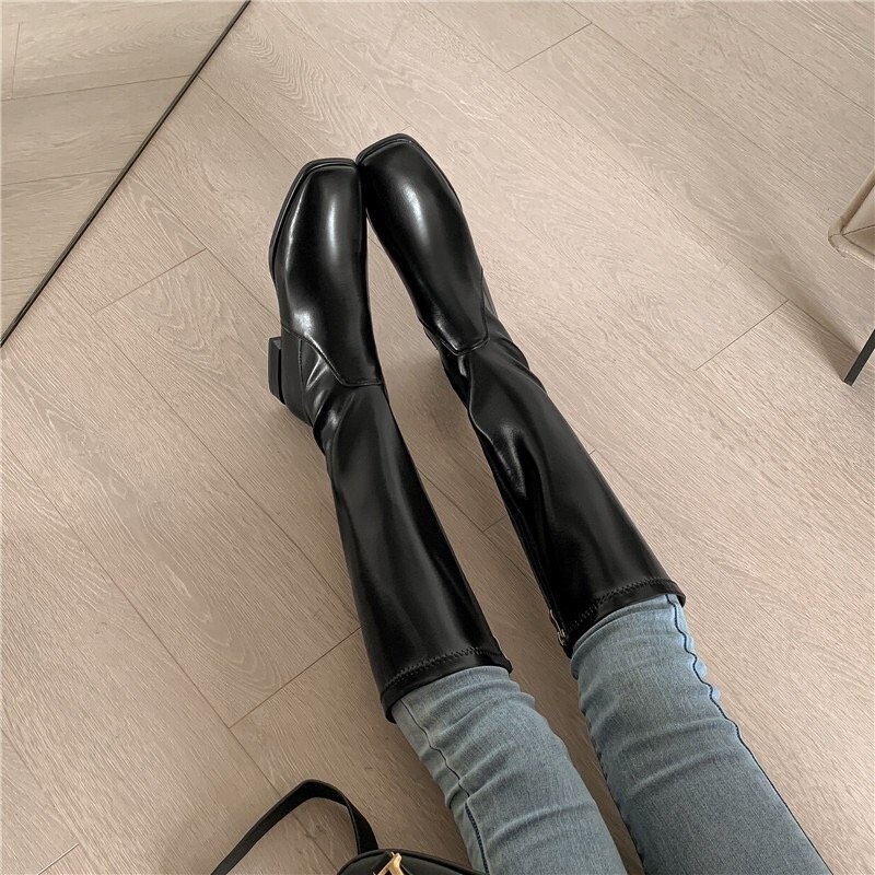 Ridstövlar knähöga stövlar damskor fyrkantig tå dragkedja långa stövlar dam höst vinter brun botas mujer