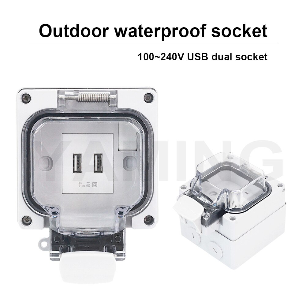 Interruptor de pared USB impermeable para exteriores, enchufe oculto a prueba de lluvia con cubierta protectora, tipo 86, IP66
