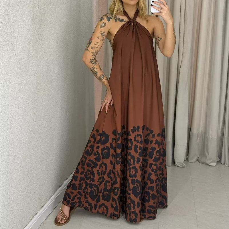 Leopardprint rygløs lang kjole sexet hængende hals ærmeløs løs festkjole kvinder plisseret strandkjole