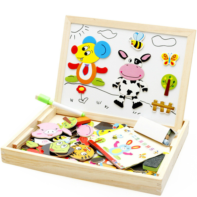 Animal Farm Gemonteerd Dubbelzijdig Magnetisch Tekenbord Kinderen Vroege Onderwijs Puzzel Kinderen Houten Puzzel Speelgoed Jongen Meisje