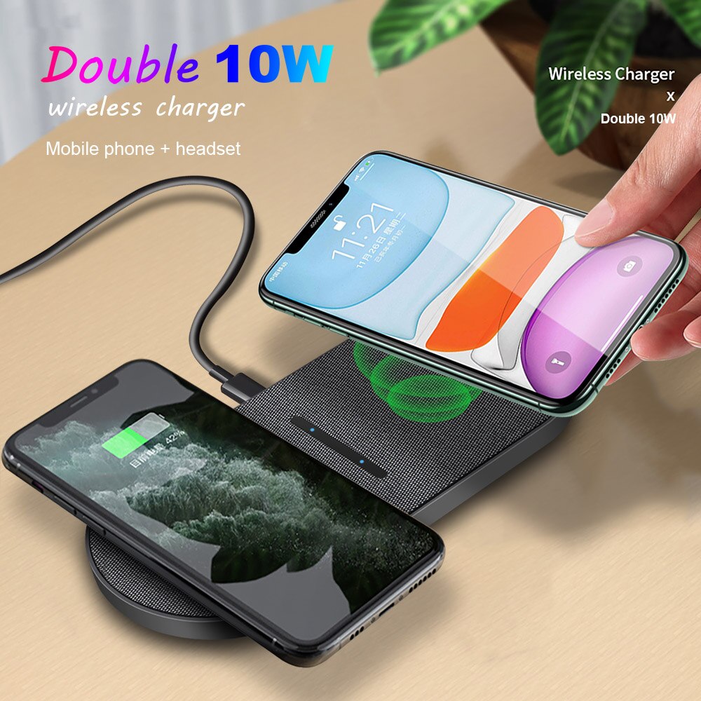 FDGAO 2 in 1 20W Dual Seat Qi Wireless Charger for Samsung S20 S10 Double Fast Charging Pad for iPhone 11 XS XR X 8 Airpods Pro