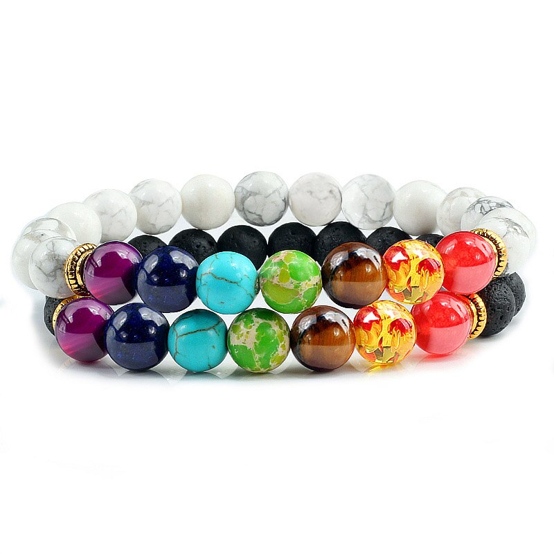 2 Stks/set 7 Chakra Lava Tijger Ogen Kralen Armbanden Healing Balans Boeddha Kleurrijke Natuursteen Mannen Armband Sieraden voor Vrouwen: White Black Lava