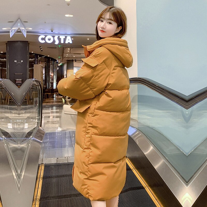 Solid Lange Dikke Winterjas Vrouwen Warm Losse Hooded Omlaag Parka Volledige Mouw Met Grote Pocket Dames Oversize Jassen