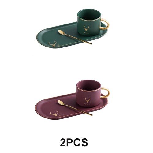 Europese Luxe Gouden Rand Keramiek Koffie Kopjes En Schoteltjes Lepel Sets Met Geschenkdoos Thee Sojamelk Ontbijt Mokken Dessert plaat: GREEN-RED