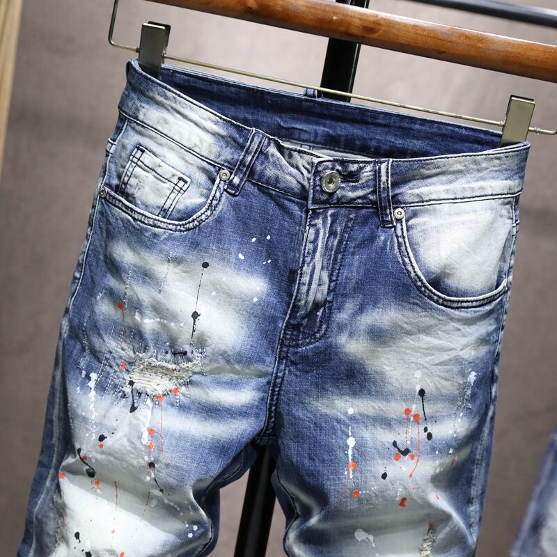 Calções de brim de hip hop para homens rasgado estiramento fino ajuste shorts 2022 verão nova pintura retalhos afligido calças corpado