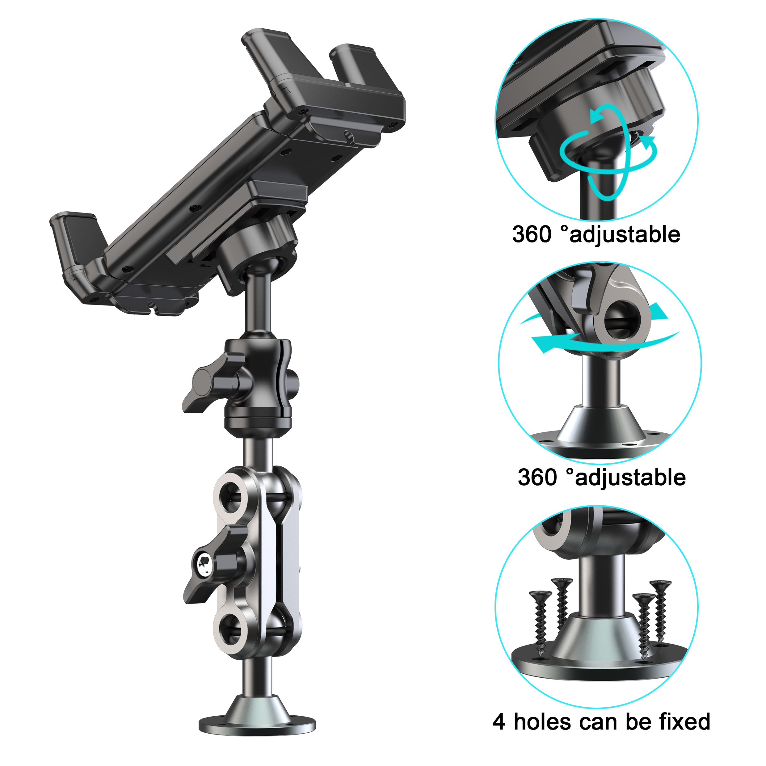 Hochleistungs-Bohrbasis aus Aluminium, Tablet-Halterung, Armaturenbrett für Autohalterung, 360° ° Verstellbarer 2-stufiger Ständer für 4,7–12,9 Zoll iPad
