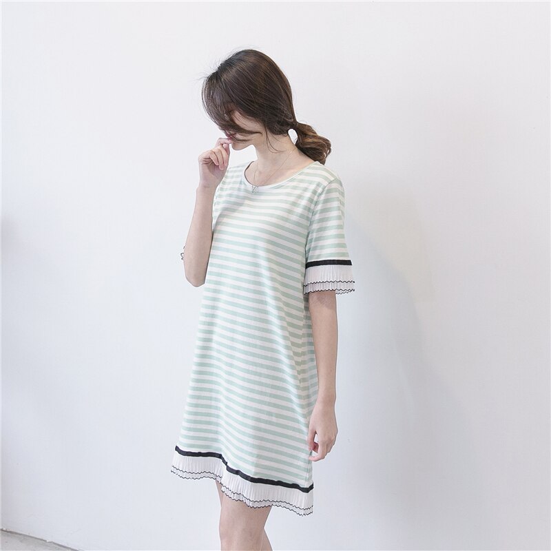 Plus-size gestreepte patchwork kant t-shirtjurk korte mouwen zomerkleding top zwangerschapsaankondiging zwangerschapsblouse 610