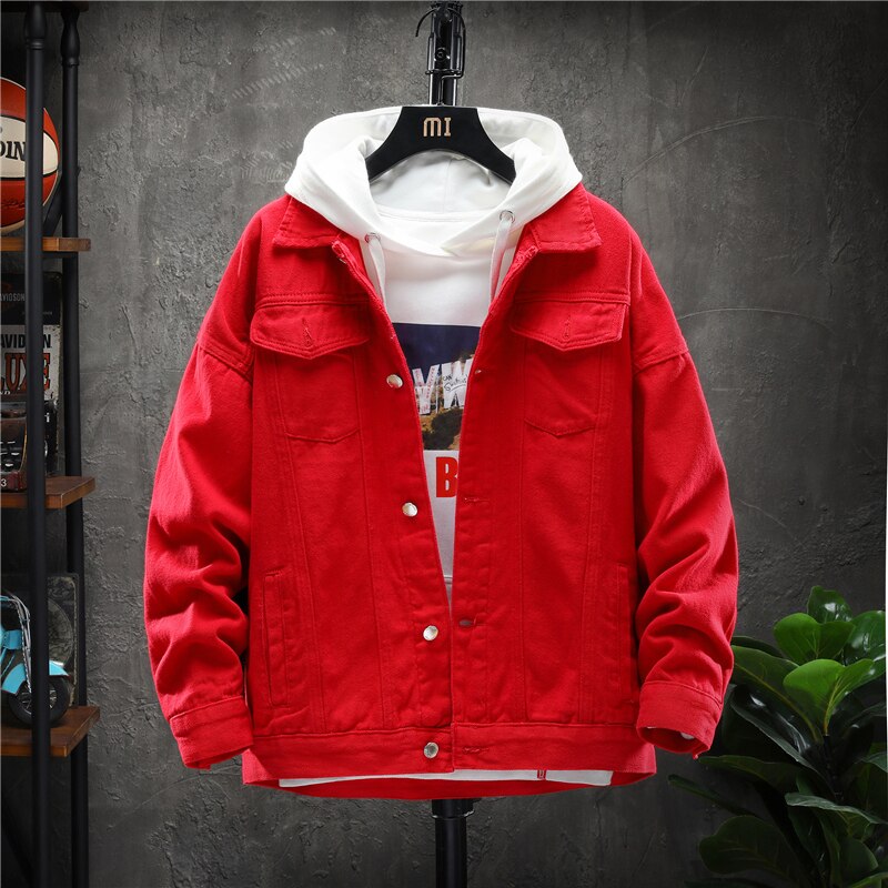 Hösten solid jeansjacka cowboy herr jacka casual jeans kappa långärmad herr kläder plus size toppar chaquetas hombre: Röd / Xxxl