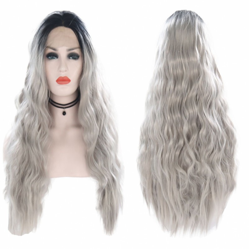 Alegria & beleza 26 "preto bege cinza marrom natural onda de água cabelo feminino maquiagem festa de casamento presente sintético rendas frente perucas diárias: 24 polegadas / Gray