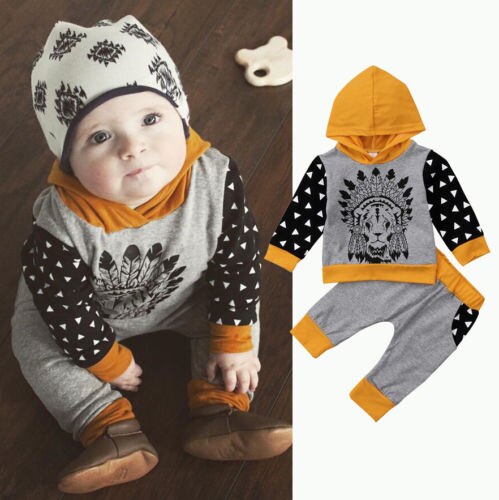 0-24M Newborn Baby Clothes Set Indian Patterns Cute Kids Boys Girls Clothes Hooded Tops Long Pants Outfit Set