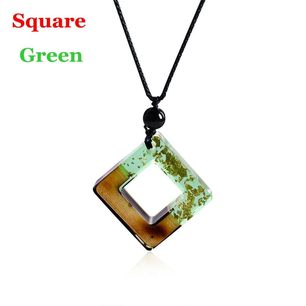 Handmade Resin Wood Pendant Necklace Wooden Vintage Carved Coin Necklace Medal Chain Double Layered Necklace Pendant Choker: Square  green