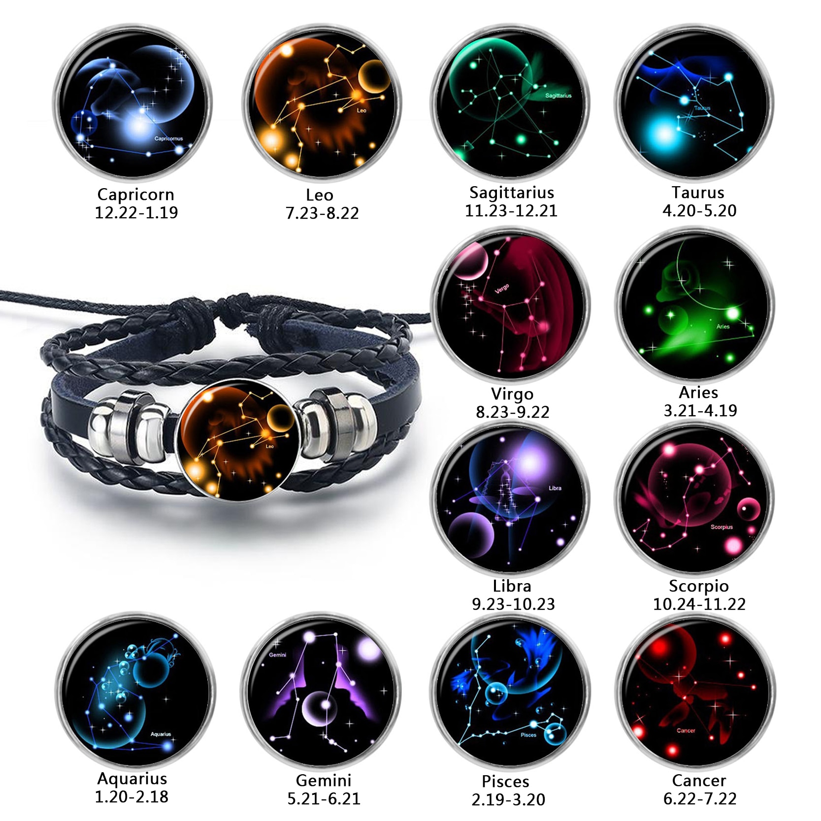 Zodiac Bracelet Charm Diy Jewelry Constellation Glass Metal Buckle Black Multilayer Leather Bracelet Women Men