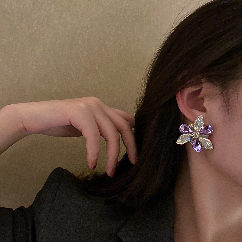 FYUAN Flower Purple Crystal Stud Earrings for Women Geometric Earrings Weddings Party Jewelry