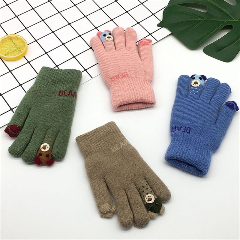 Winter Warme Handschoenen Voor Kinderen 3-8years Verdikte Kids Baby Wanten Buitensporten Vingertop Beer Dubbele Leuke Handschoenen