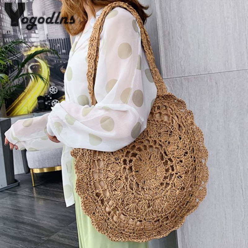 Sac à main en rotin tissé à la main pour femmes, sac en paille fait-main ajouré en forme de cercle, grande capacité, été, voyage, plage, décontracté