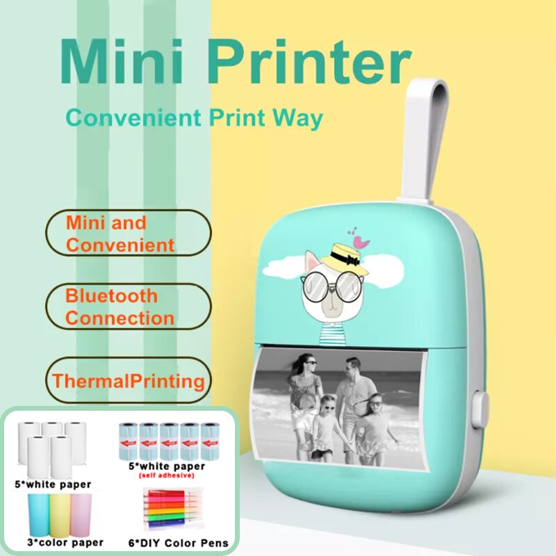 Mini Draagbare Thermische Printer 203Dpi Foto Pocket Printing Draadloze Bluetooth Label Printer Papier Voor Android Ios Kids