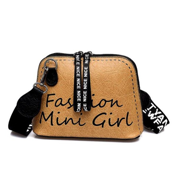 Sac à bandoulière en cuir pu pour femmes, sac à large sangle à épaule en forme de coquille, sacoches tendance tendance avec impression de lettres: Brown