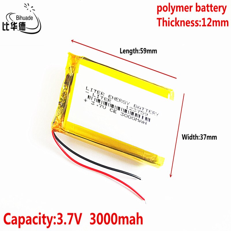 Liter Energie Batterij 3.7V 3000Mah 123759 Lithium Polymer Lipo Oplaadbare Batterij Voor Mp3 Hoofdtelefoon Pad Dvd Bluetooth Camera