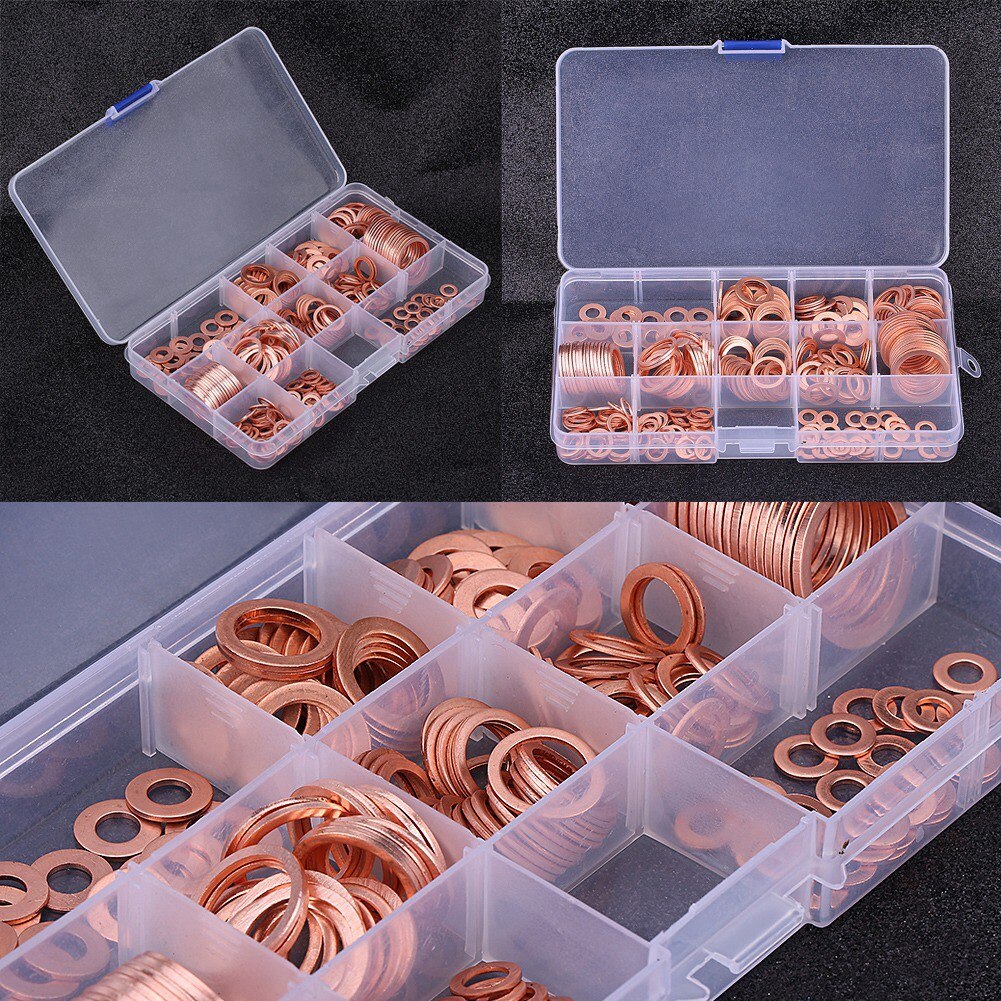 280pcs Assorted Copper Washers 12 Different Sizes Solid Copper Crush Washers Seal Flat Rings Kit With Grid-Shape Storage Box​​