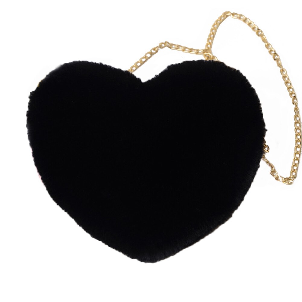 Offre spéciale femmes en peluche amour poilu sac en forme de coeur saint valentin en forme de coeur sac femme chaîne sac de messager: Black