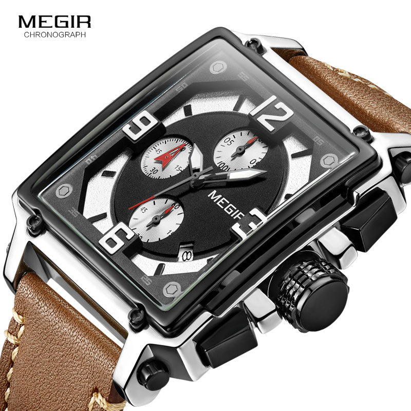 Megir herre firkantede quartz armbåndsur ur militær sports casual kronograf stopur læder relogios maskuline 2061 brun