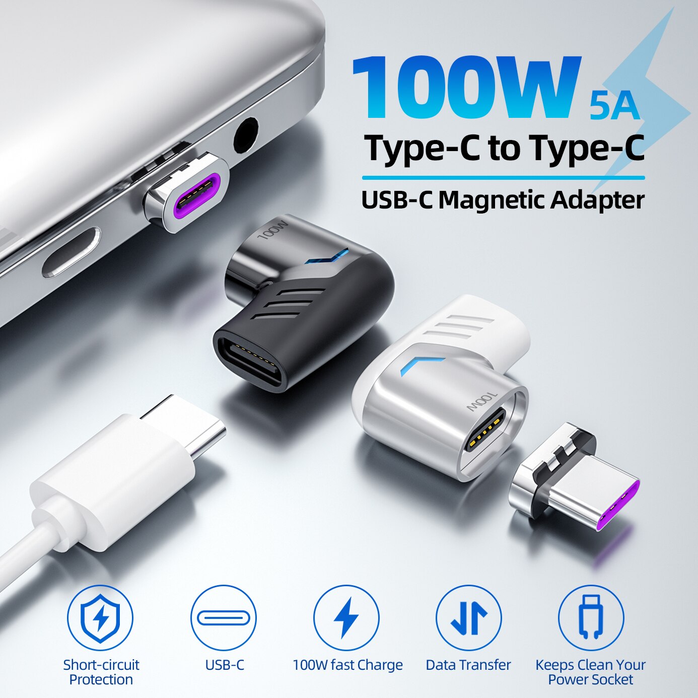 Cabo adaptador de carregamento rápido 100w, conector magnético de 90 graus para ipad 2019 samsung xiaomi 9 10 tipo c