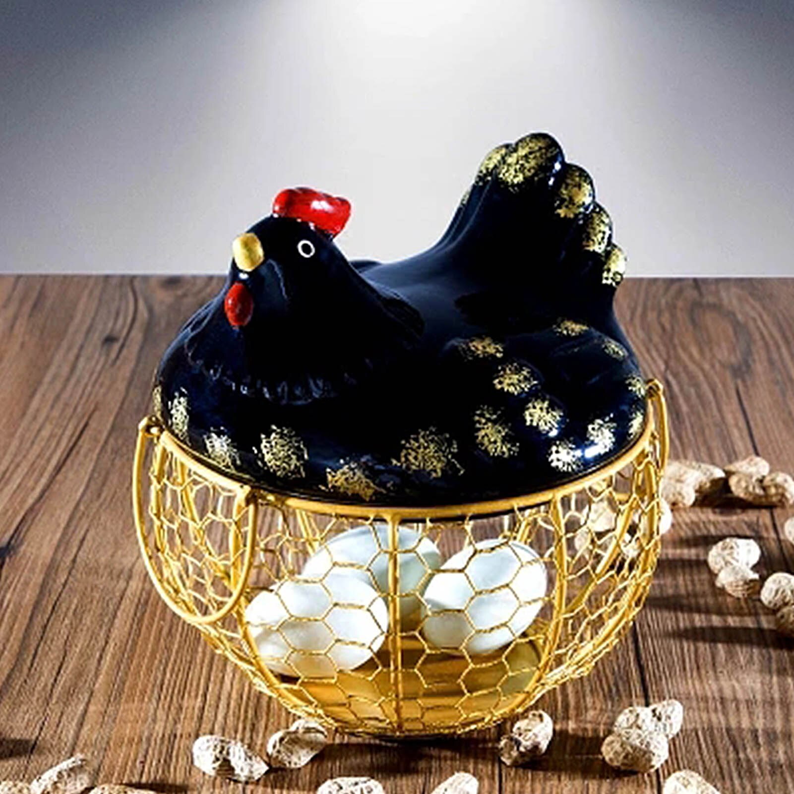 Ceramic Egg Holder Chicken Wire Egg Basket Fruit Basket Collection Ceramic Hen Oraments Decoration Kitchen Storage 19CMX22CM