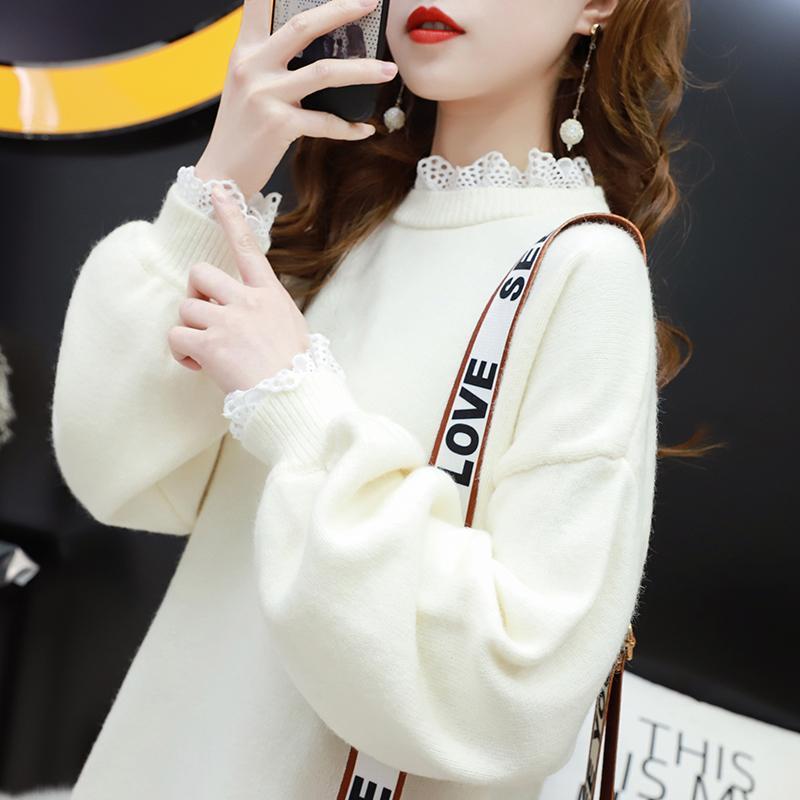 Lace Pullover Sweater Women 2022 Winter Spring Stitching Round Neck Loose Fit Warm Base Knitted Sweaters Sweet Female Flower