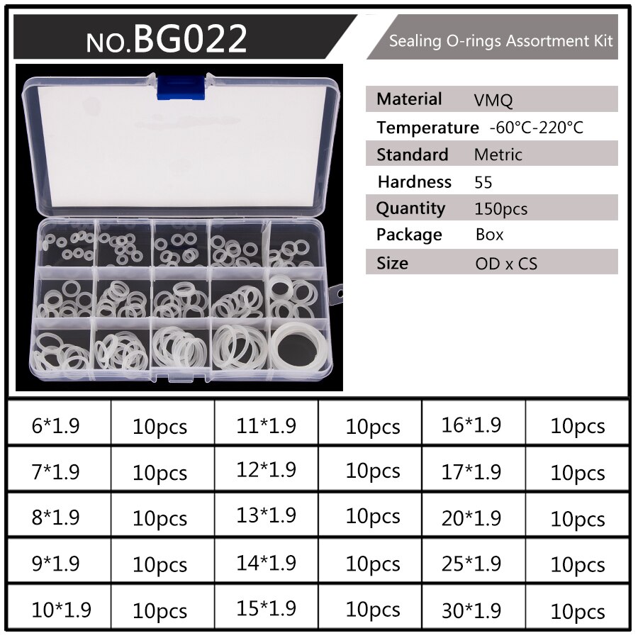 Silicone VMQ Blanc Joints toriques OD 6mm-20mm CS 1.5mm 1.9mm Durable JOINTS TORIQUES Assortiment Kit 10 Tailles 150 Pièces/ensemble BG037: BG022 x1