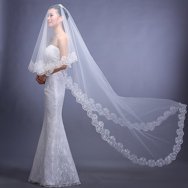 Bruiloft Sluier Lange 5 Meter 10 Meter Wit/Ivoor Bruid Lange Sluier Met Kant Edge Veu De Noiva Longo com Renda 5 Metros Velo Sposa