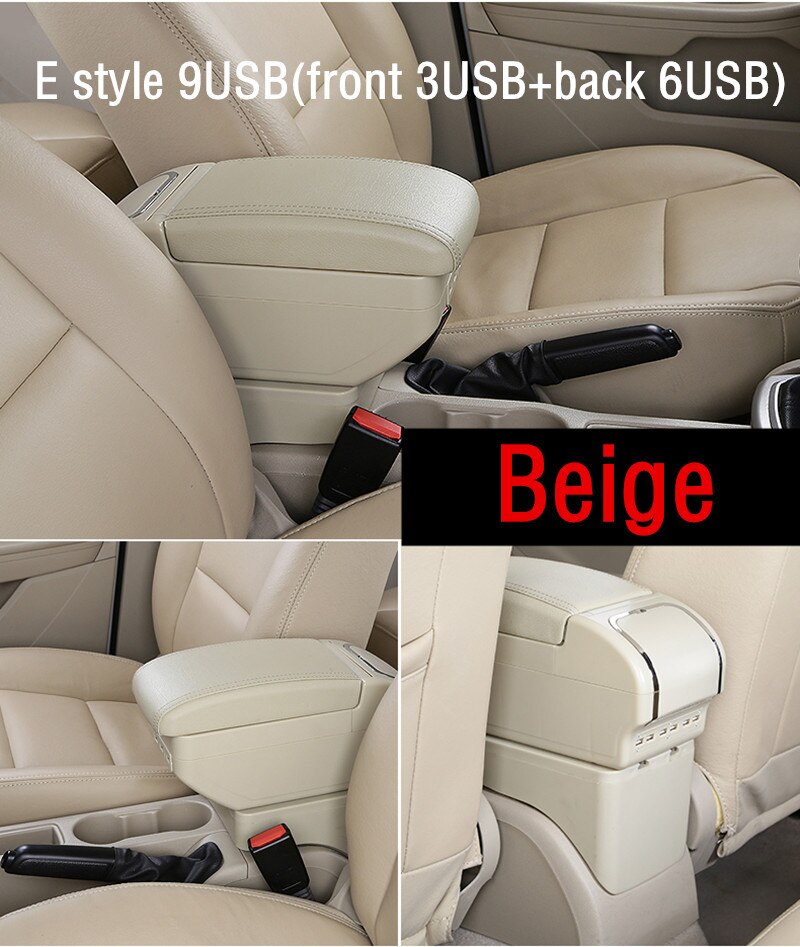 For Dacia Sandero armrest box central Store content Storage box Dacia stepway armrest box with cup holder ashtray 9USB interface: E style Beige