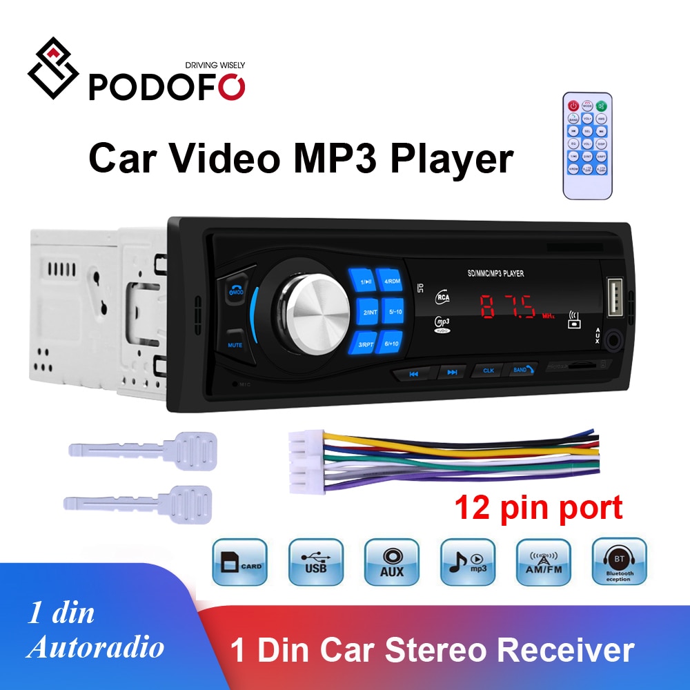 Podofo Bluetooth Autoradio 12V Auto Stereo Radio Fm Ontvanger Aux-In Ingang Sd Usb In-Dash Autoradio 1din Auto MP3 Multimedia Speler