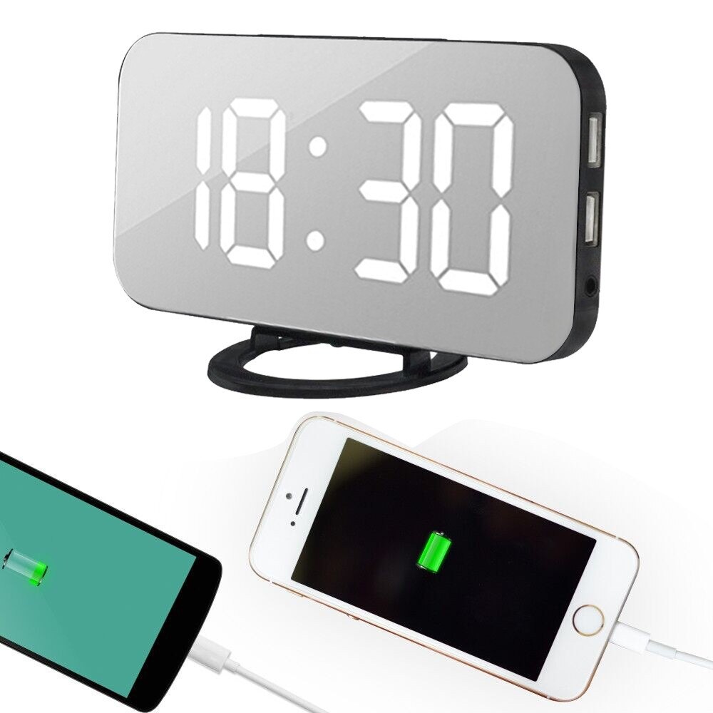 Wekker Digitale Elektronische Smart Led Spiegel Snooze Tabel 2 Usb-uitgang Poorten Telefoon Opladen Auto Verstelbare Licht Muur Horloge: A