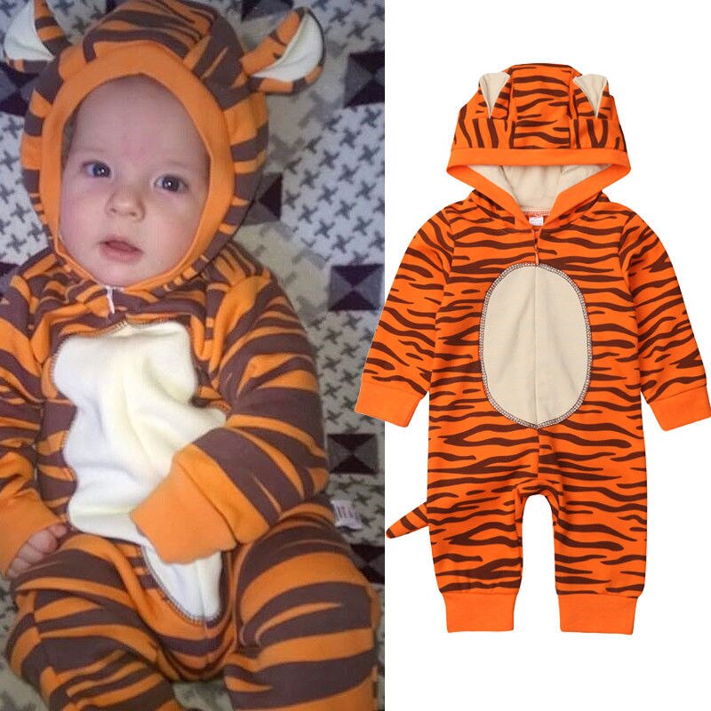 Arrivels Infant Baby Boys Girls Tiger Hooded Romper Jumpsuit Autumn Spring Clothes Outfits