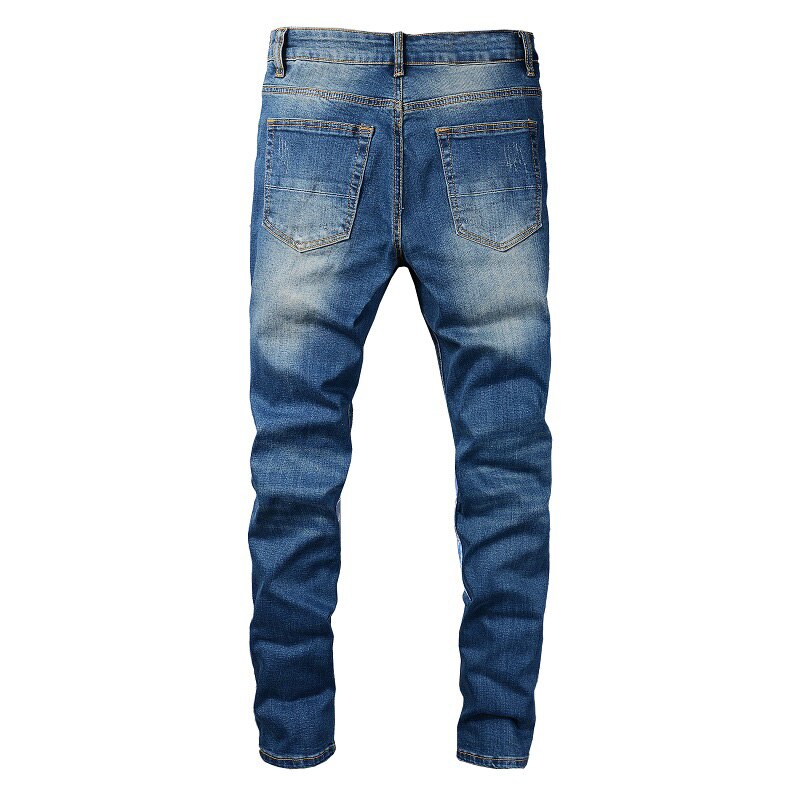 Jeans Patch da uomo con stampa Bandana Paisley fori Streetwear pantaloni strappati in Denim elasticizzato strappato pantaloni Slim affusolati