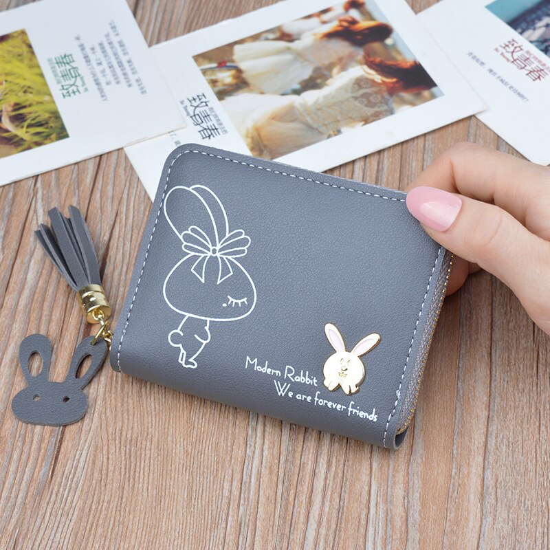 Tegnebog kvinders korte lynlås tegnebog studerende koreansk stil sød kanin mini nøglepung kvinder afslappet kvast små tegnebøger: Grå