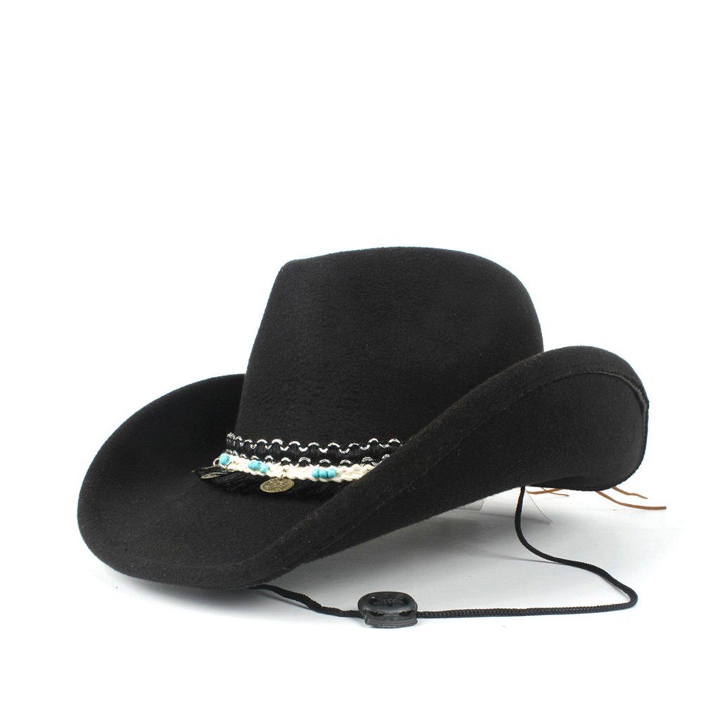 Kvinder kvast uld hule vestlige cowboy hat roll-up brim lady outblack sombrero hombre jazz cap vind reb størrelse 56-58cm: Sort