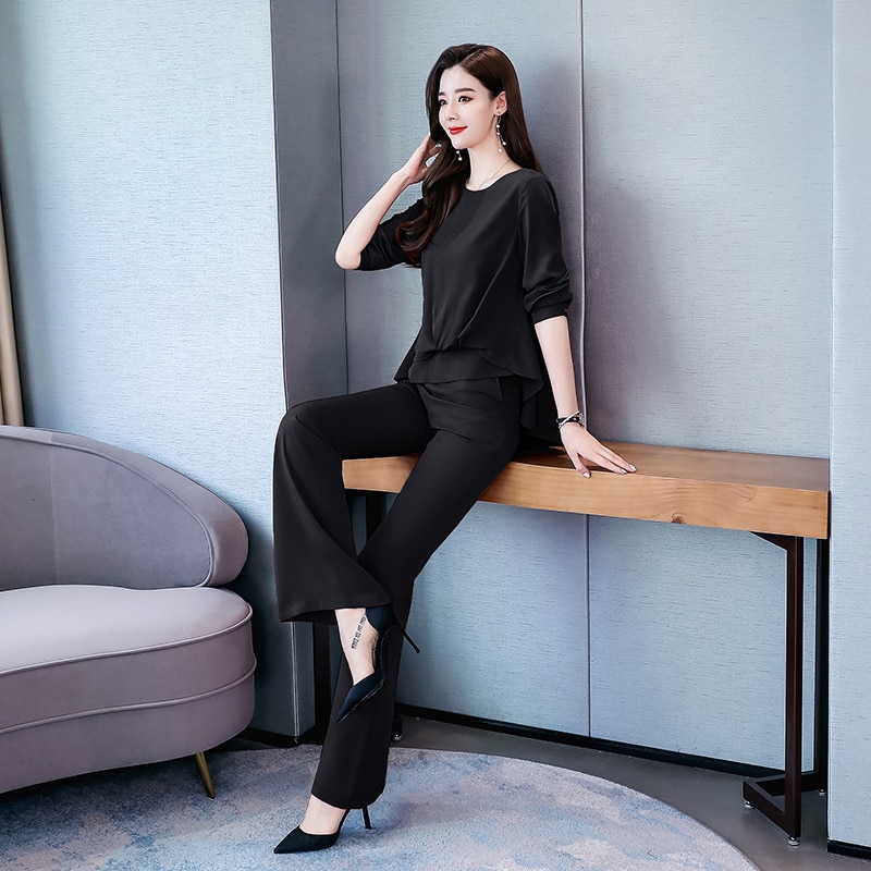 Autumn Spring style office lady long sleeve loose shirt blouse tops and long pants trousers suit female two pieces sets