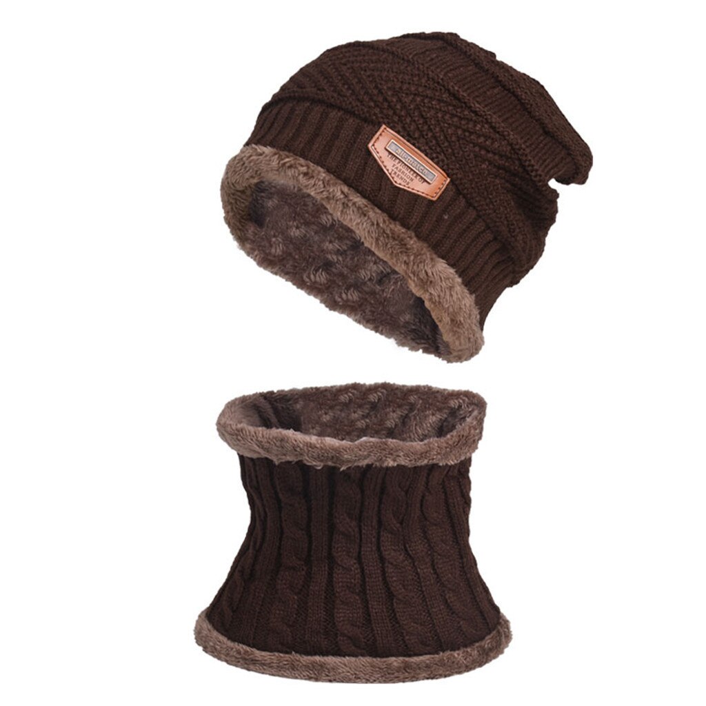 Heren Winter Hat Cap Kraag Set Winddicht Plus Fluwelen Dikke Gebreide Hoed Effen En Uitlaat Mannen Warme Muts Sjaal set Motorkap Femme Hiver: Coffee