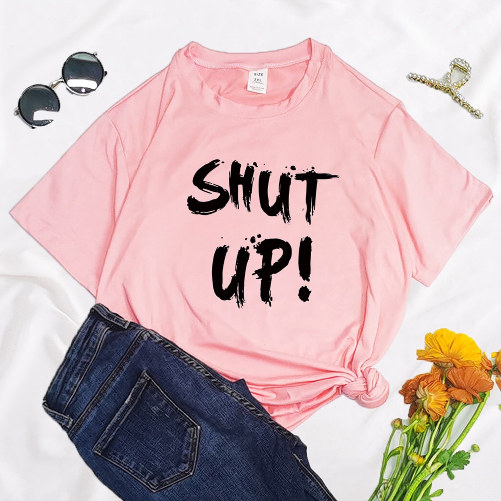 Grappige Shut Up Vrouwen T-shirt 2022 Zomer Ronde Hals Y2K Grappige Polyester Cartoon T-shirt Grafische Streetwear: S / Black